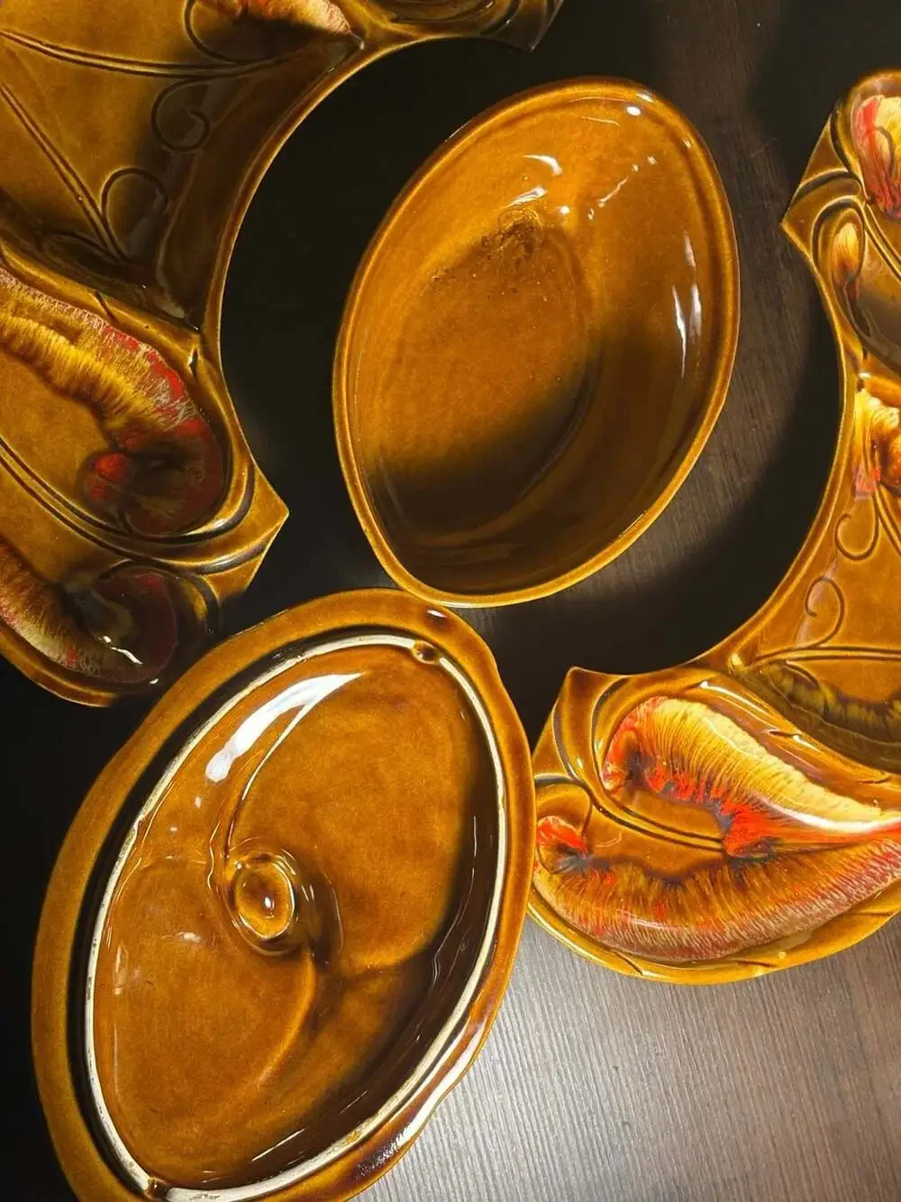 Vtg Maurice of California Mid-Century Modern Drip Glaze Pottery Dip Snack Set